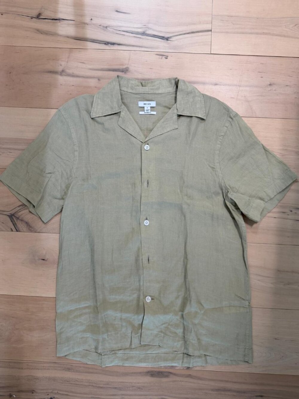 Reiss Relaxed Fit Light Green Linen Shirt with Camp Collar (Small)